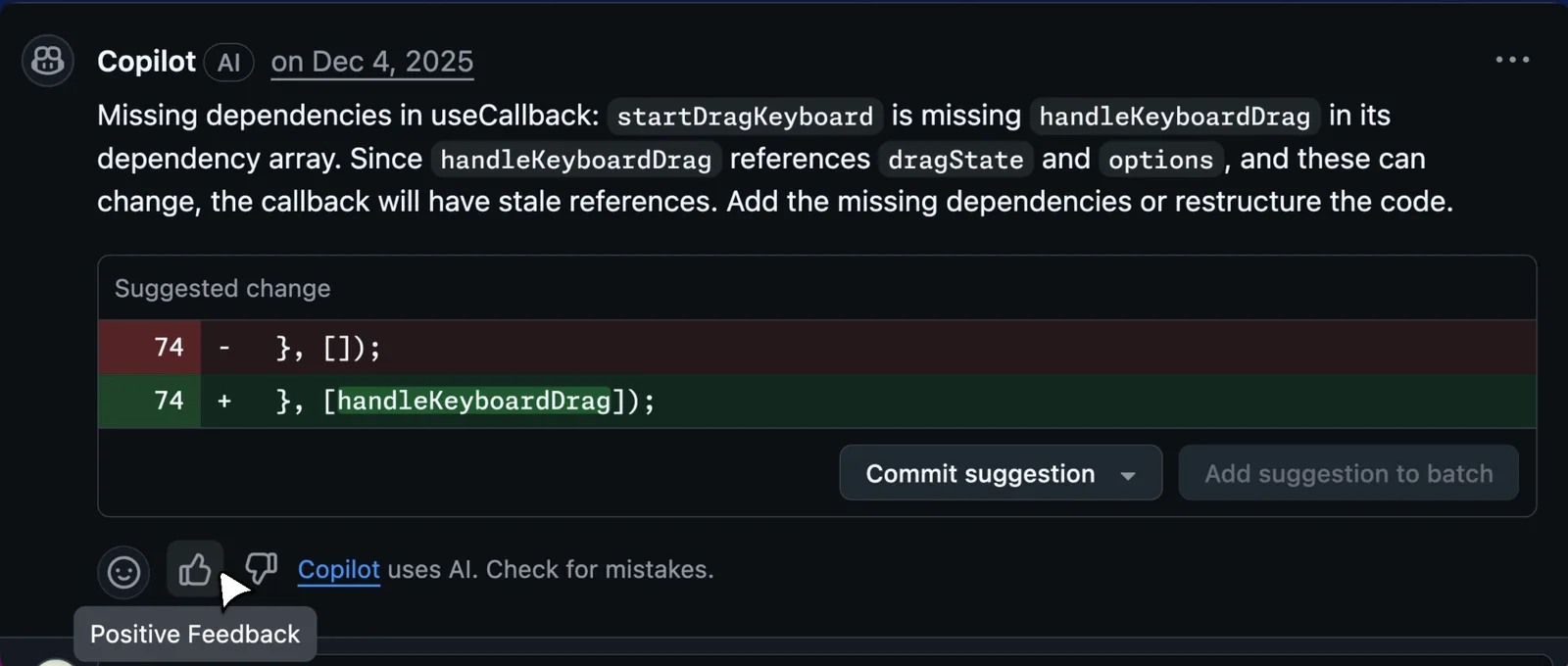GitHub Copilot 코드 리뷰 — React useCallback 의존성 누락을 잡아낸 실제 코멘트